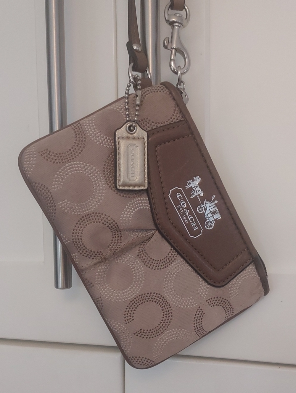 Coach Op Art Taupe and Brown Signature Wristlet Euc